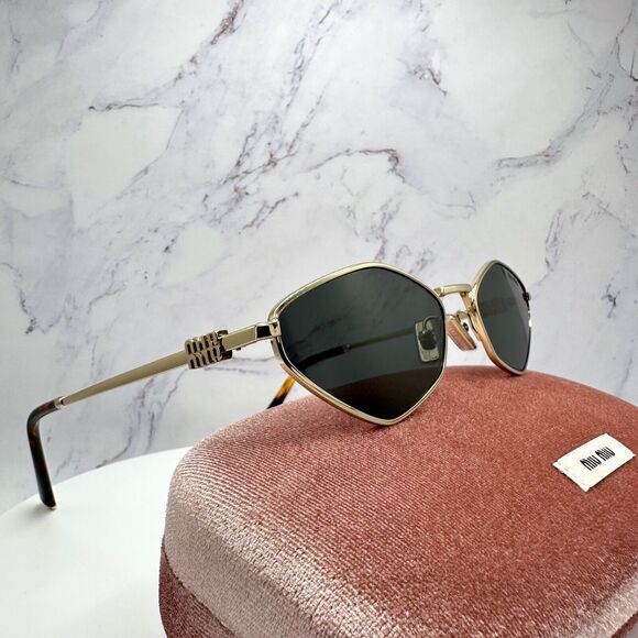 New  MIU MIU Runway Hexagon Geometric Gold Metal Sunglasses Authentic Gray Lens - Picture 4 of 16